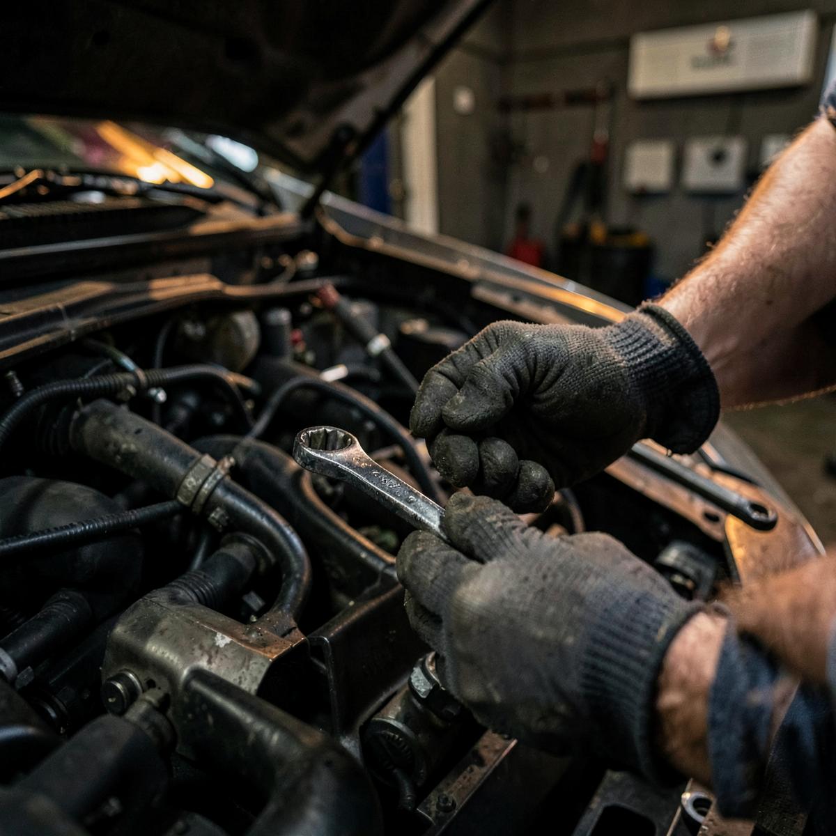 Mecânico realizando manutenção no motor de um veículo